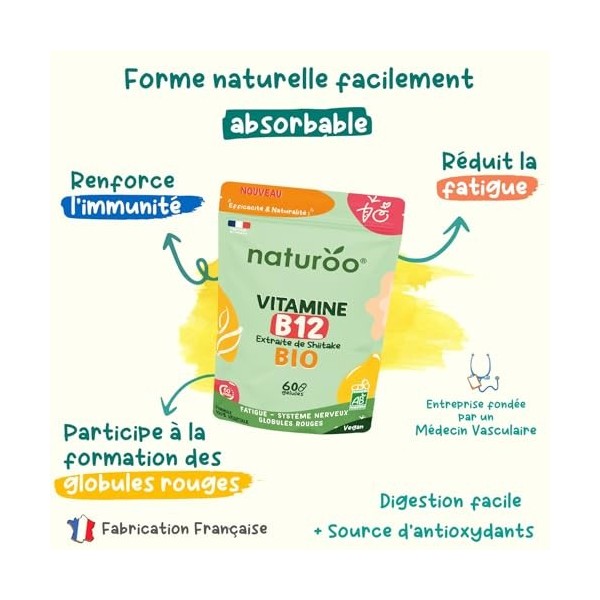 Vitamine B12 Bio | Naturelle et Végétale | Premium & Vegan | 60 gélules 2 mois | B-12 pour Hommes et Femmes | Extraits de S