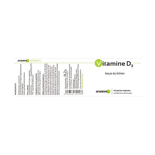 VITAMINE D3 * 25 μg 200 UI / 60 gélules * 100% origine VEGETALE