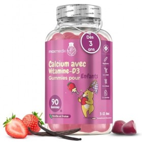 Calcium + Vitamine D3 Gummies, 90 Gummies Pour Enfants Dès 3 à 12 Ans - Arômes Naturels de Fraise et de Vanille - 320 mg de