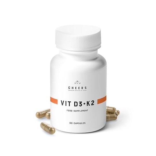 CHEERS – Vitamine D3 & Vitamine K2, 60 Capsules Végétaliennes, Forme Naturelle dalgues de Vitamine D, Supplément de Vitamine