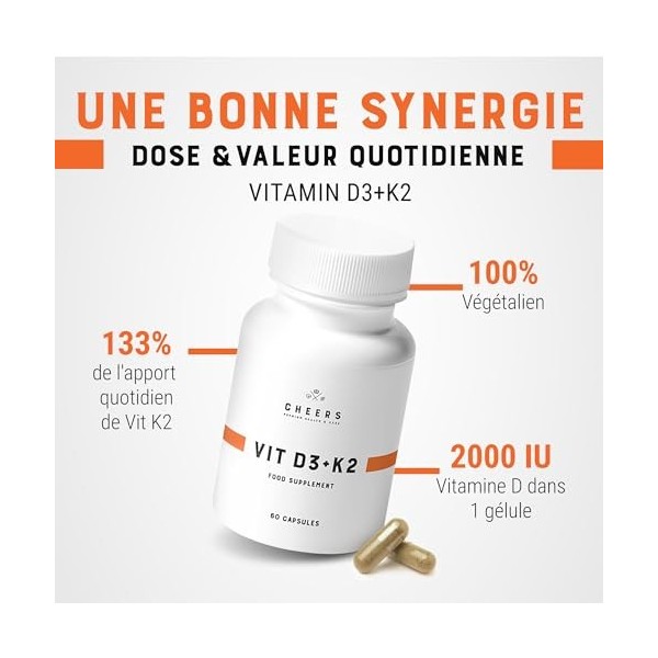 CHEERS – Vitamine D3 & Vitamine K2, 60 Capsules Végétaliennes, Forme Naturelle dalgues de Vitamine D, Supplément de Vitamine