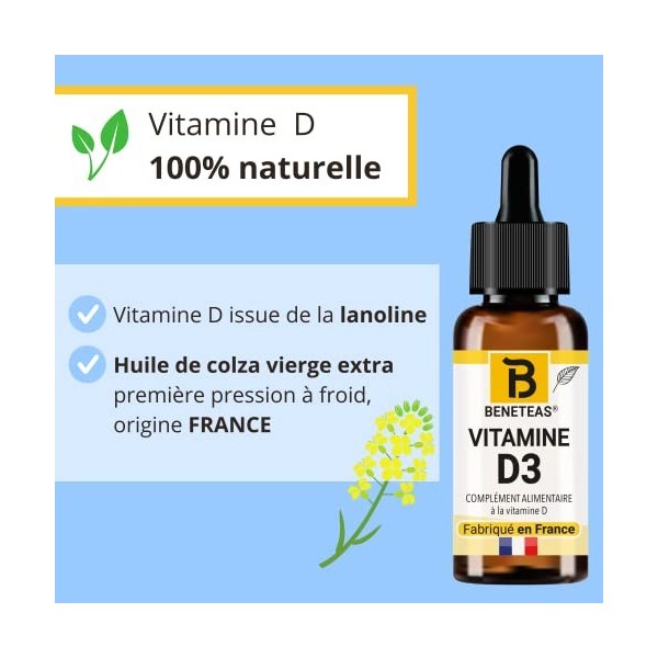 VITAMINE D3 NATURELLE | FRANCE | ENFANT Dès 3 ans, Adulte | à lHuile de colza vierge | système immunitaire, dents, os, muscl