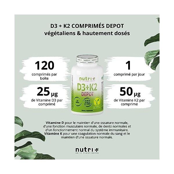 Vitamine D3 K2 MK7 Vegan - Haute dose - Dépôt de vitamine D du lichen 1000 IE 25µg - Végétalien - Cholécalciférol - 50 µg M