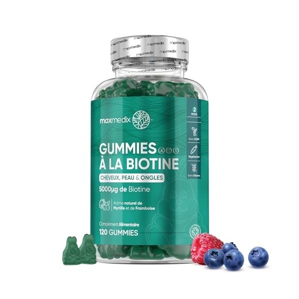 Gummies Biotine 5000 mcg - 120 Gummies Végétariens 2 Mois - Gummies Cheveux Ongles et Peau - Enrichis en Vitamines A, C, D3