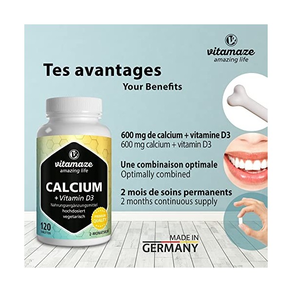 Calcium Vitamine D3 Haute Dose - Complexe Optimal pour la Santé des Os et des Muscles - 600mg de Carbonate de Calcium + 400 U