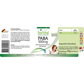 Fairvital | PABA 500mg Vitamine B-10, acide para-aminobenzoïque 100 comprimés VEGANs - contre les rides, protection de la p