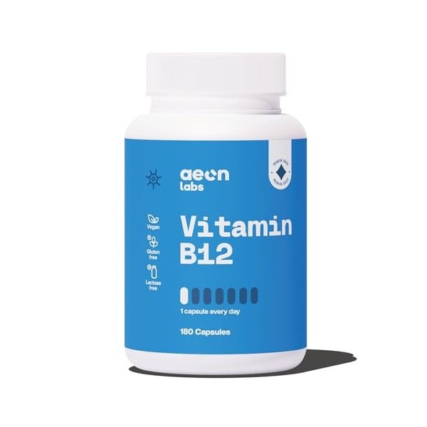 AEON LABS Vitamine B12 1000 µg - 180 Capsules - Contribue à Améliorer lÉnergie, lImmunité et la Fatigue - Dose Journalière 