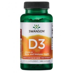 Swanson, Vitamine D3, 25mcg 1.000 IU , 250 Capsules, Hautement Dosé, Testé en Laboratoire, Sans Soja, Sans Gluten, Sans OGM