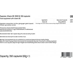 Swanson, Vitamine D3, 25mcg 1.000 IU , 250 Capsules, Hautement Dosé, Testé en Laboratoire, Sans Soja, Sans Gluten, Sans OGM