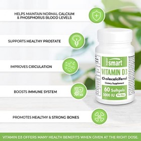 Vitamine D3 5000 IU - Dosage Puissant & Forme Biodisponible - Soutient le Système Immunitaire, les Os et le Coeur - Permet un