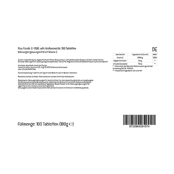 Now Foods, C-1000, Vitamine C, 1000mg, Acide L-Ascorbique, avec Églantier, 100 Comprimés végétaliens, Testé en Laboratoire, S