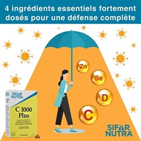 Sifar Nutra C 1000 Plus | vitamine C PureWay-C , D3, zinc et sélénium |bioflavonoïdes d’agrumes |antioxydant | complément sy