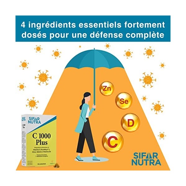 Sifar Nutra C 1000 Plus | vitamine C PureWay-C , D3, zinc et sélénium |bioflavonoïdes d’agrumes |antioxydant | complément sy