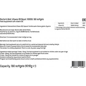 Doctors Best, Vitamin D3 Vitamine D3 , 1.000 IU, 180 Capsules molles, Hautement Dosé, Testé en Laboratoire, Sans OGM, Sans 