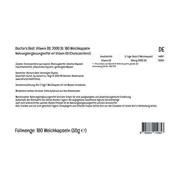 Doctors Best, Vitamine D3, 2000IU, Dépôt de 2 Jours, 180 Gélules, Testé en Laboratoire, Sans Gluten, Sans Soja