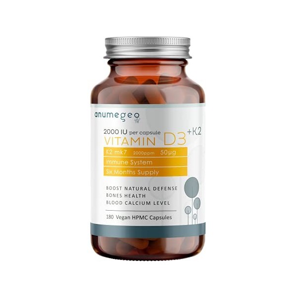 Anumegeo Vitamine D3 2000 UI + K2 MK 7 50µg – Vitamine D Cholécalciférol booste le Système Immunitaire et augmente l’Absorpti