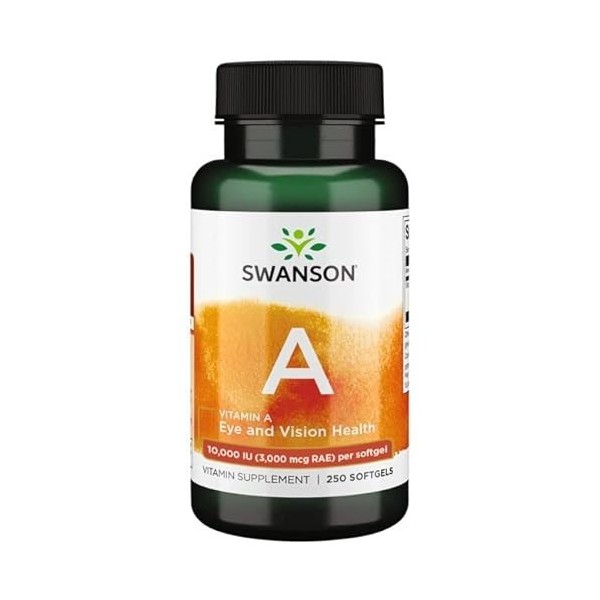 Swanson, Vitamine A 10.000IU 3.000mcg , avec Huile de Foie de Morue, 250 Capsules molles, Hautement Dosées, Testées en Labor