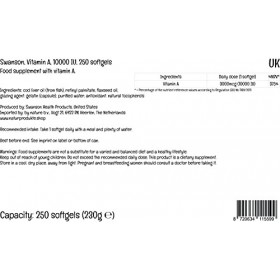 Swanson, Vitamine A 10.000IU 3.000mcg , avec Huile de Foie de Morue, 250 Capsules molles, Hautement Dosées, Testées en Labor