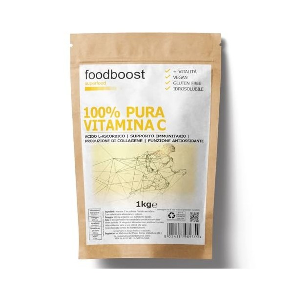 100% Poudre de vitamine C Pure 1 Kg - foodboost - sans additifs, conservateurs, édulcorants. Pour collagène, soutien immunita