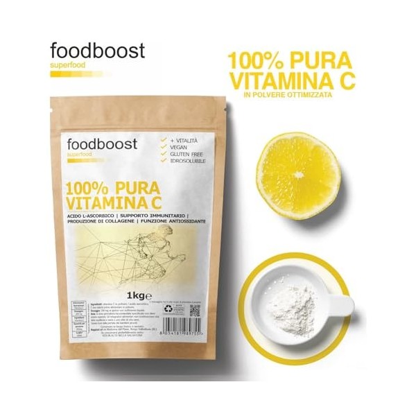 100% Poudre de vitamine C Pure 1 Kg - foodboost - sans additifs, conservateurs, édulcorants. Pour collagène, soutien immunita