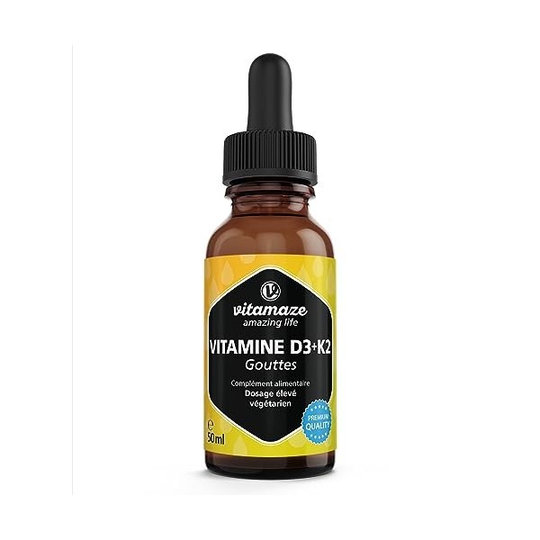 Vitamine D3 K2 Gouttes 1000 UI à Forte Dose D3 + K2 Végétarien & Liquide 99,7+% All-Trans MK-7 , 50 ml 1700 Gouttes , Haute