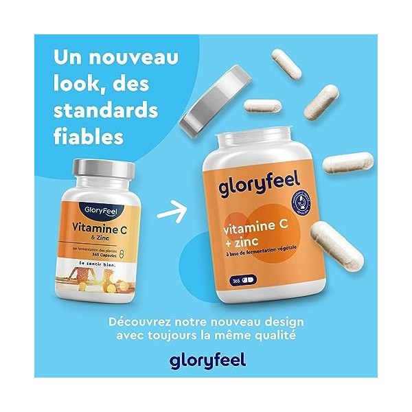 Gloryfeel Vitamine C + Zinc, 365 Capsules, Vitamin C Pur, Soutient le Système Immunitaire, Combat la Fatigue et Contribue à L