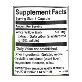 Swanson Extrait dÉcorce de Saule Blanc 500mg - 120 capsules | Analgésique Naturel & Anti-Inflammatoire, Soutien des Douleurs
