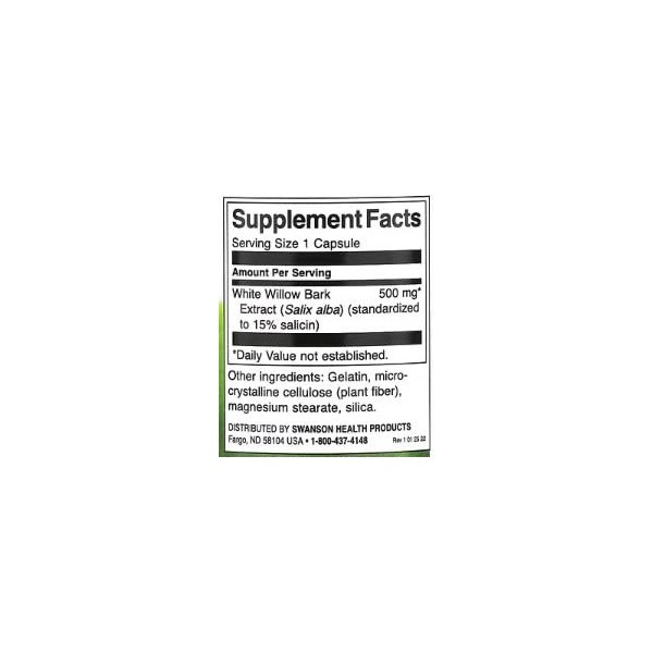 Swanson Extrait dÉcorce de Saule Blanc 500mg - 120 capsules | Analgésique Naturel & Anti-Inflammatoire, Soutien des Douleurs