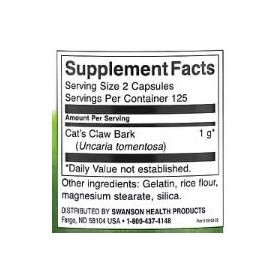 Swanson Griffe de Chat Uncaria tomentosa 500mg - 250 Capsules | Complément Puissant pour le Système Immunitaire et la Santé