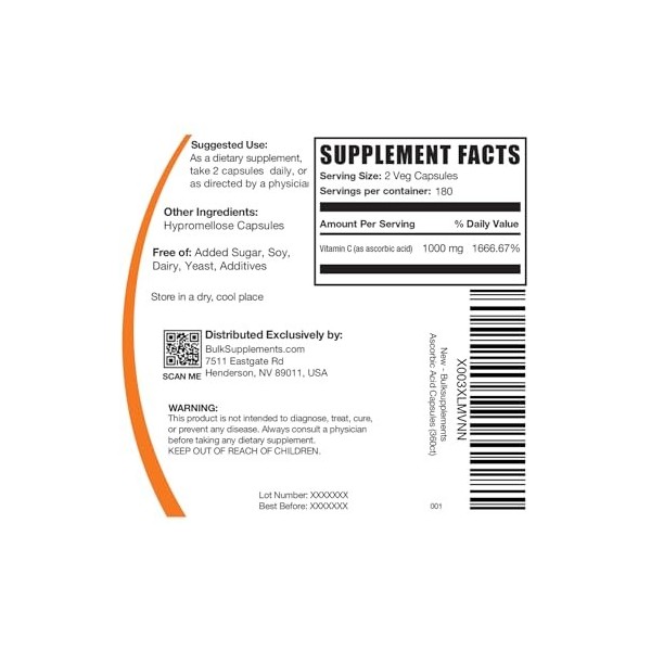 BULKSUPPLEMENTS.COM Ascorbic Acid Vitamin C - 180 Veg Capsules