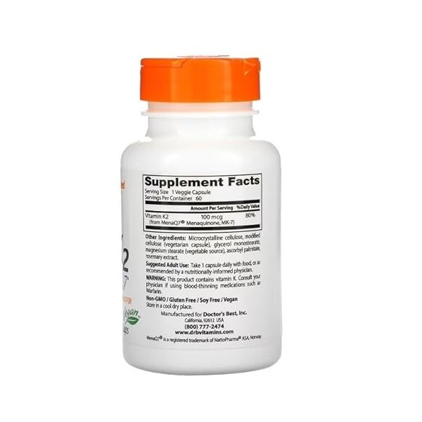 Doctors Best Vitamine naturelle K2 MK7 avec MenaQ7, 100 mcg, 60 vcaps, soutien de la santé osseuse et cardiaque