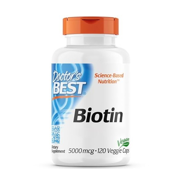 Doctors Best Biotine, 5000mcg, 120 gélules végétaliennes, Testé en laboratoire, Sans gluten, Sans Soja, Végétarien