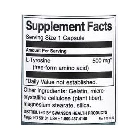 Swanson L-Tyrosine 500mg - 100 caps | Capsules pour Concentration et Humeur, Complément Alimentaire pour Métabolisme et Fonct