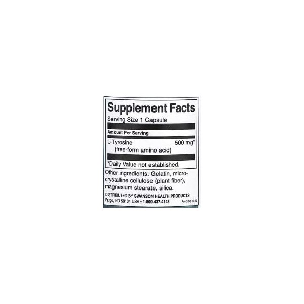 Swanson L-Tyrosine 500mg - 100 caps | Capsules pour Concentration et Humeur, Complément Alimentaire pour Métabolisme et Fonct