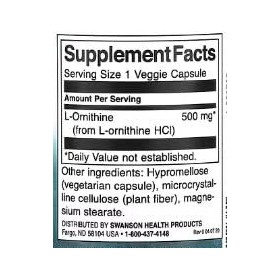 Swanson L-Ornithine 500mg - 60 Vcaps | Supplément pour la Détoxification et la Performance - Formule de Qualité Supérieure