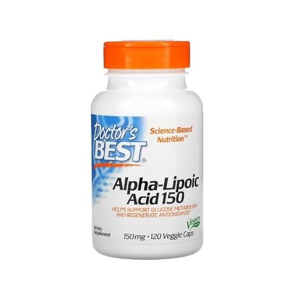 Doctors Best Alpha Lipoïc Acid 150 mg, support antioxydant, 120 gélules végétaliennes, glycémie saine, santé nerveuse et ant