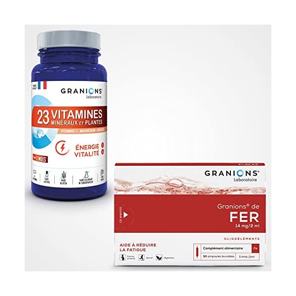 GRANIONS - LOT Granions de FER 30 ampoules et 23 VITAMINES, minéraux et Plantes Energie - Programme de 1 à 3 mois