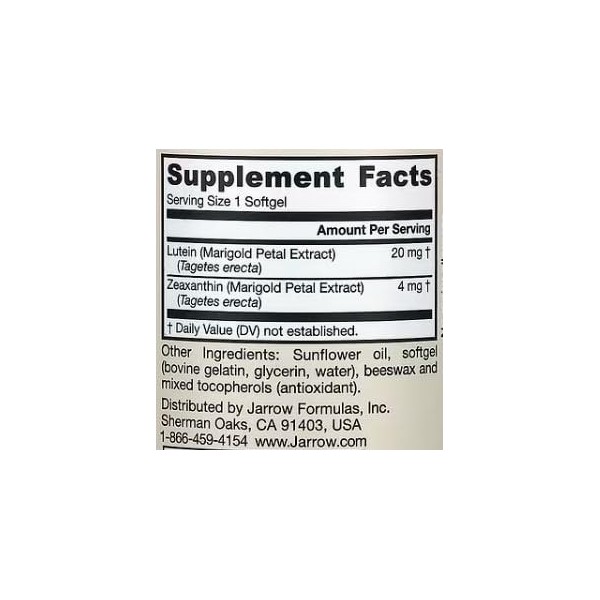 Jarrow Formulas Lutéine 20mg - 60 Softgels - Soutien Visuel et Santé des Yeux - Haute Absorption