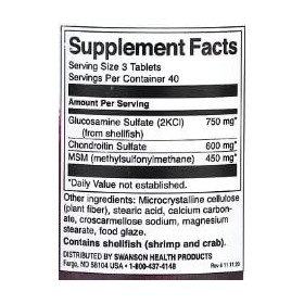 Swanson Glucosamine, Chondroïtine & MSM 750mg - 120 Comprimés | Supplément Avancé pour la Santé des Articulations et Mobilité