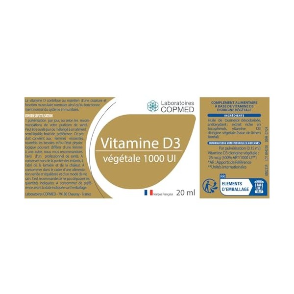 LABORATOIRES COPMED - Vitamine D3 végétale 1000 UI - Complément alimentaire à base de vitamine D3 d’origine végétale - Marque