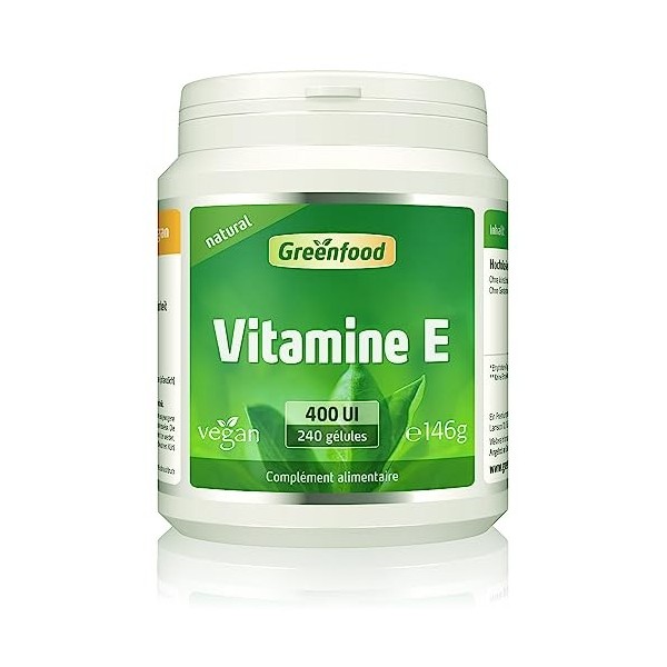 Greenfood Vitamine E, 400 UI, dose élevée, dépôt. Contribue à protéger les cellules contre le stress oxydatif. Sans additifs 