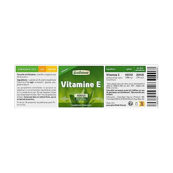 Greenfood Vitamine E, 400 UI, dose élevée, dépôt. Contribue à protéger les cellules contre le stress oxydatif. Sans additifs 