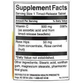 Swanson Vitamine C à Libération Progressive avec Cynorrhodon 1000mg - 250 comprimés | Renforcement Immunitaire et Antioxydant