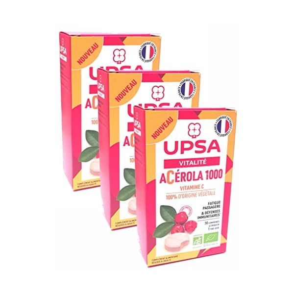 UPSA Acérola 1000 Bio, comprimés à croquer FATIGUE PASSAGÈRE & DÉFENSES IMMUNITAIRES 30 comprimés à croquer 2 tubes de 15 co