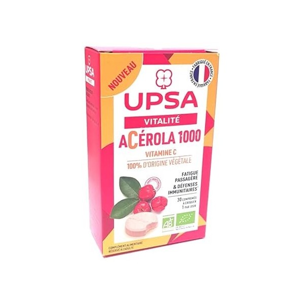 UPSA Acérola 1000 Bio, comprimés à croquer FATIGUE PASSAGÈRE & DÉFENSES IMMUNITAIRES 30 comprimés à croquer 2 tubes de 15 co