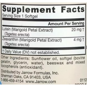 Jarrow Formulas Lutéine 20mg - 120 Softgels - Soutien Visuel et Santé des Yeux - Haute Absorption