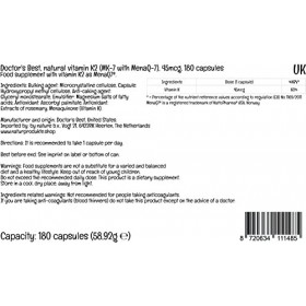 Doctors Best, Vitamine K2 Naturelle, MK-7 avec MenaQ-7, 45mcg, 180 Capsules végétaliennes, Testé en Laboratoire, Sans Gluten