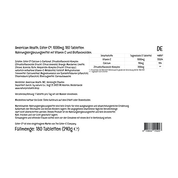 PremiumVital, American Health, Ester C avec Bioflavonoïdes dAgrumes, 1.000mg de Vitamine C, 180 Comprimés végétaliens, avec 