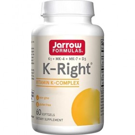 Jarrow Formulas, K-Right Vitamin K Complex, Depot, avec Vitamine D3, Vitamine K1, MK-4 et MK-7, 60 Capsules molles, Testé en 