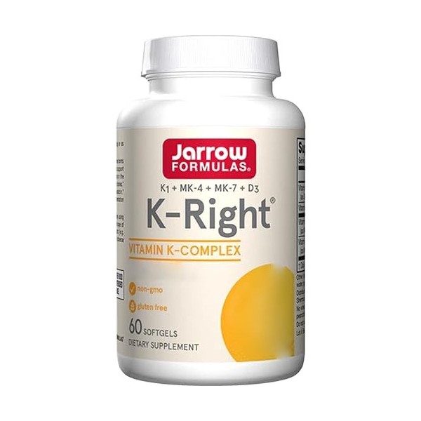 Jarrow Formulas, K-Right Vitamin K Complex, Depot, avec Vitamine D3, Vitamine K1, MK-4 et MK-7, 60 Capsules molles, Testé en 